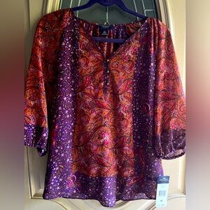 NWT Chaps floral paisley print peasant blouse, XS, purple & orange.